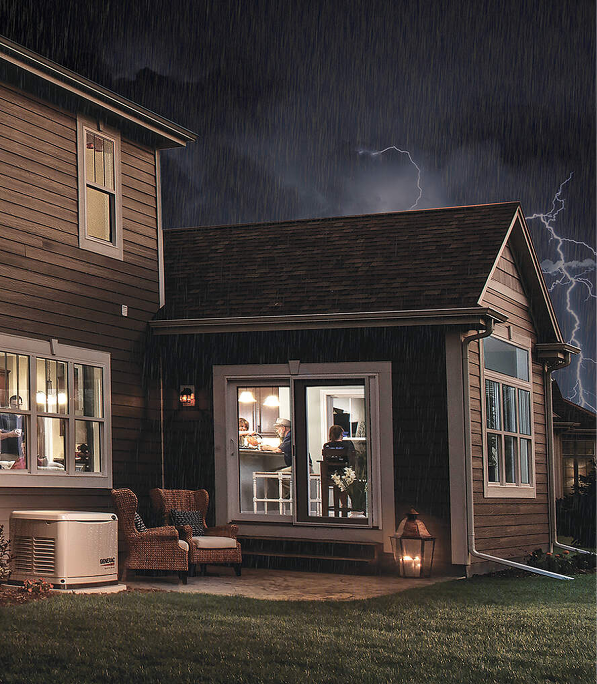House exterior during thunderstorm with lightning