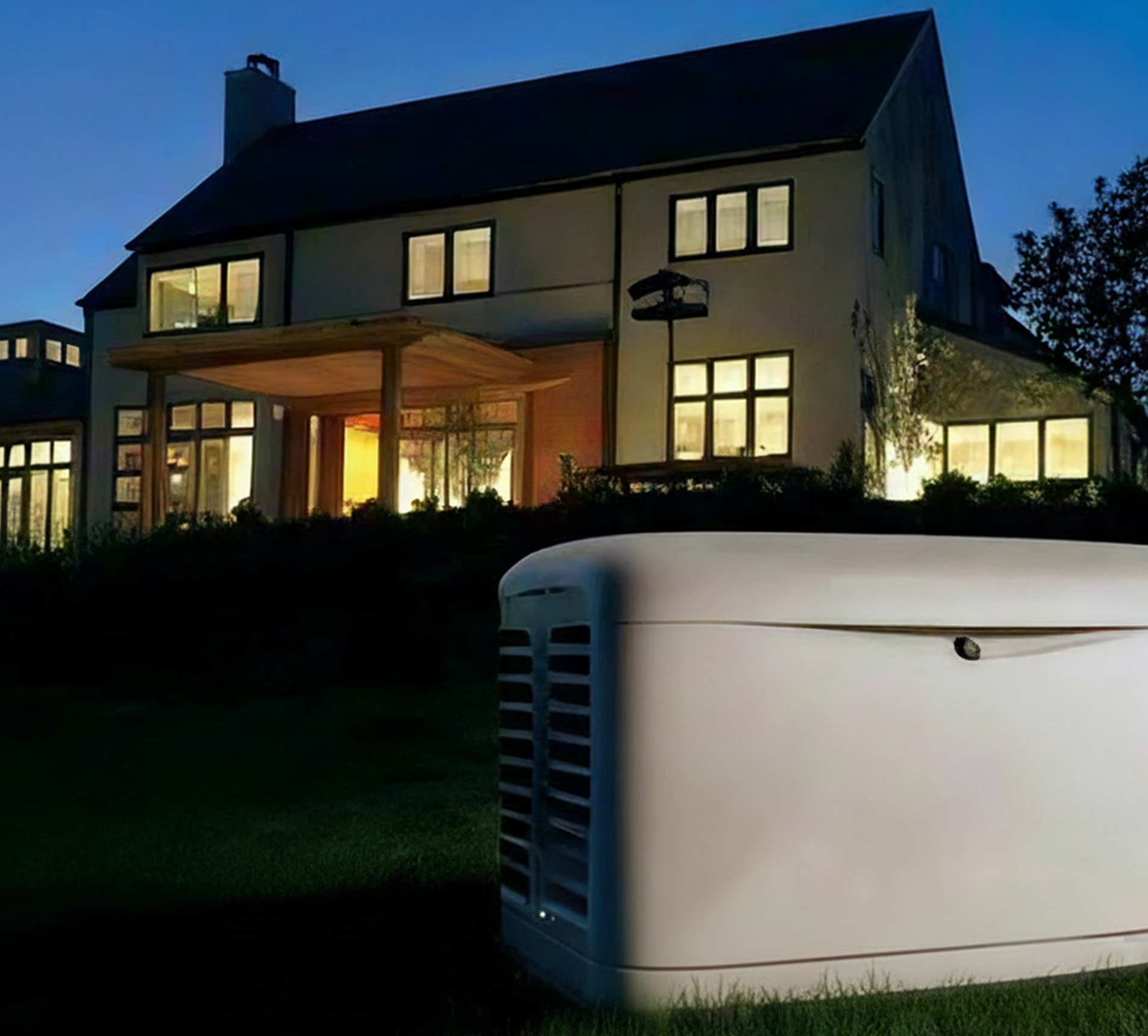 Nighttime house exterior with power unit