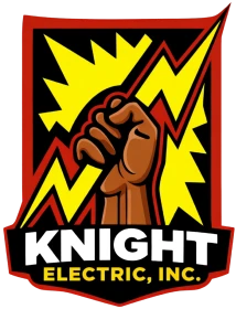 Fist gripping lightning in company emblem